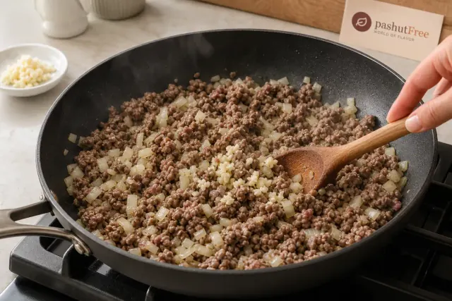 Dorando carne picada y ajo con cebolla en una sartén