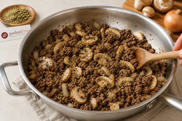 Cocinando champiñones y orégano con carne picada en una sartén