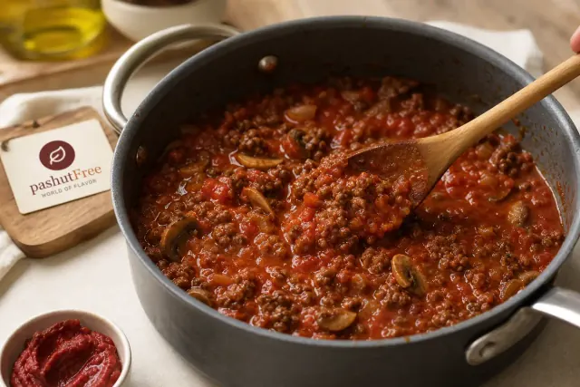 Mezclando tomates y concentrado de tomate en la salsa de carne