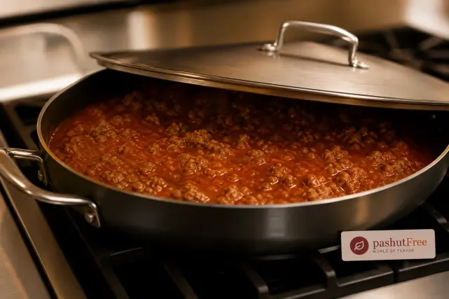 Salsa de carne y tomate hirviendo suavemente bajo una tapa