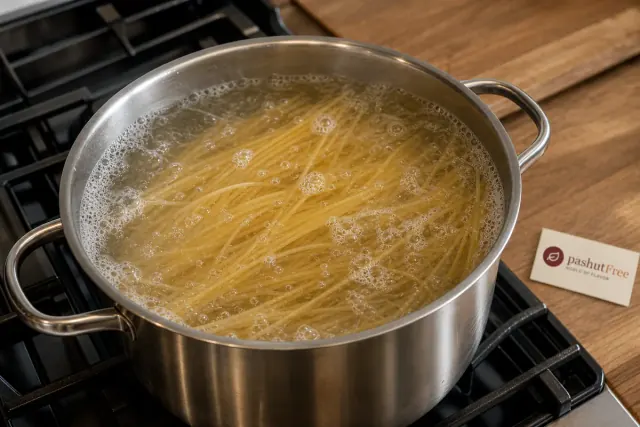 Cociendo espaguetis en una olla grande con agua hirviendo