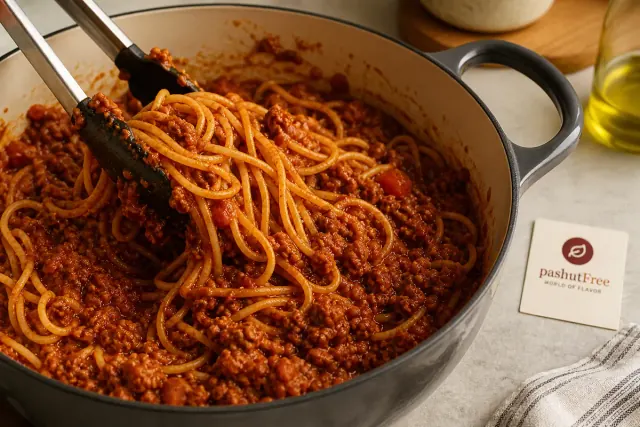 Mezclando espaguetis escurridos con salsa de carne en una sartén grande