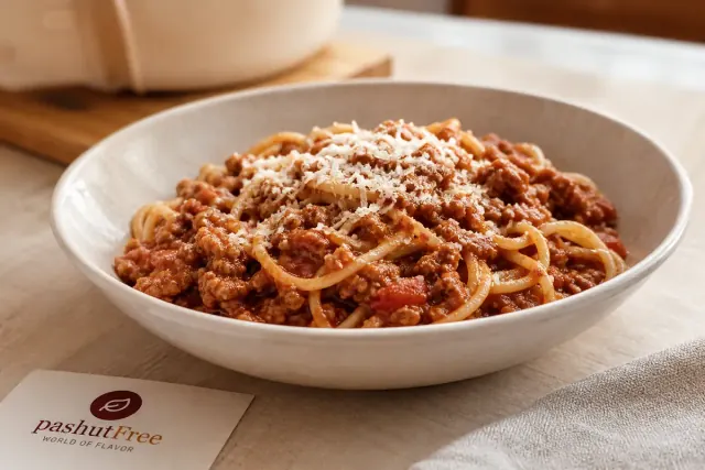 Espaguetis con salsa de carne servidos con parmesano rallado