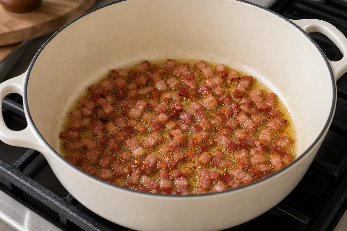 Freír el tocino en una olla hasta que esté dorado.