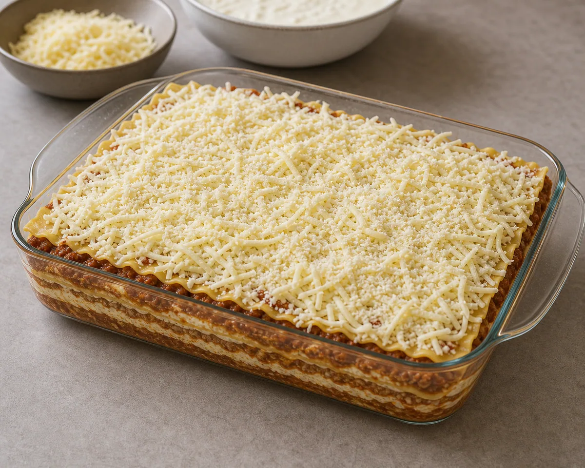 Lasaña con queso horneada hasta que esté dorada