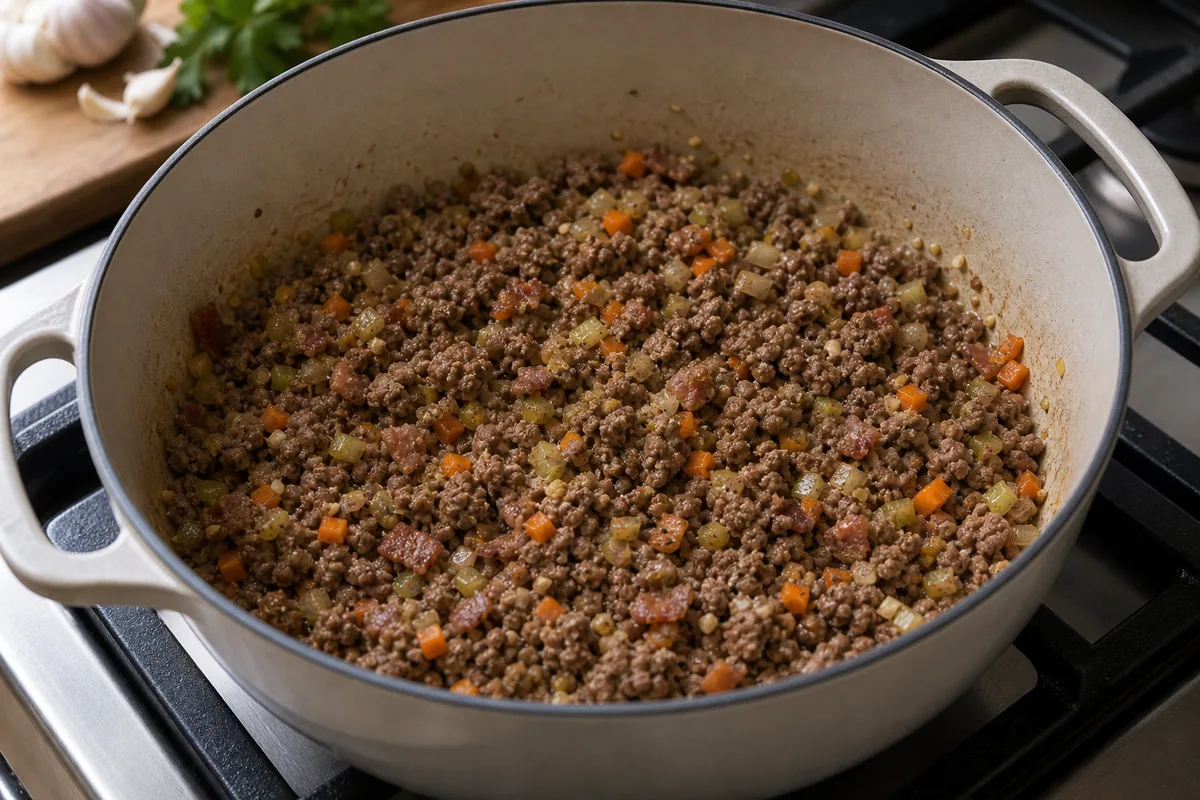 Dorar carne molida con ajo y verduras