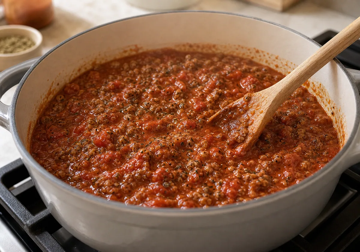 Salsa de tomate sazonada mezclando en una olla