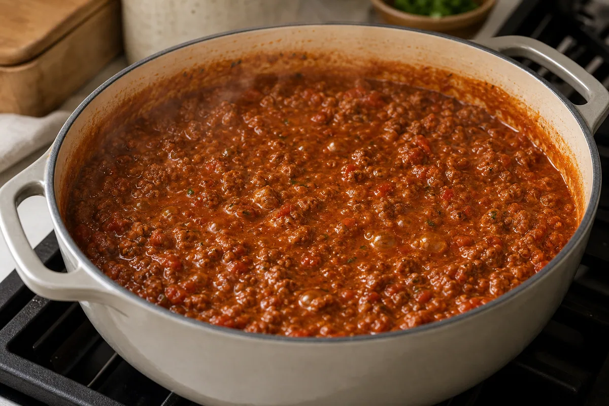 Salsa de carne hirviendo a fuego lento en una olla