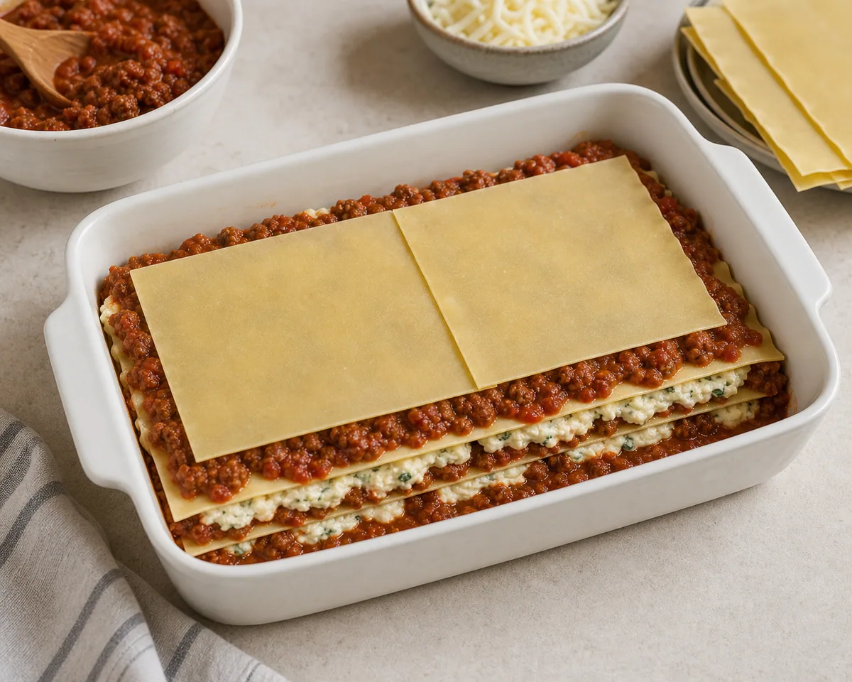 Hojas de salsa y pasta en capas en una fuente para horno