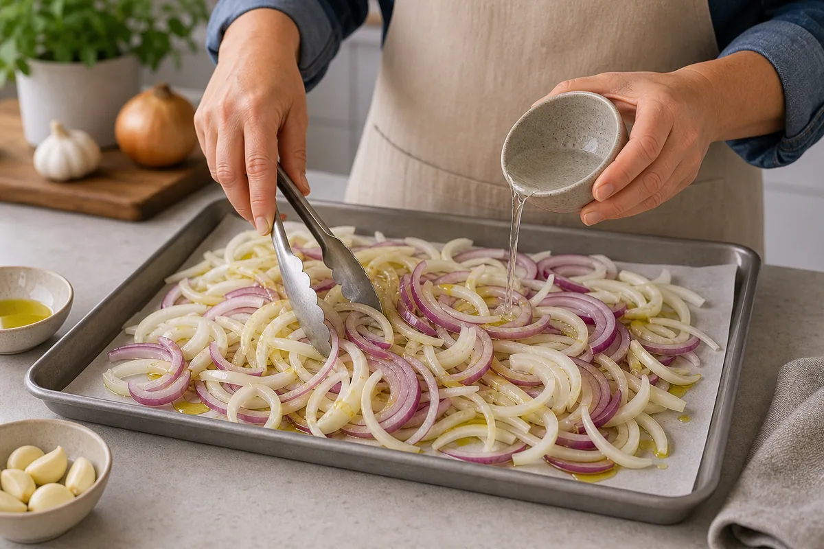 ערבוב בצל פרוס עם שמן ומים