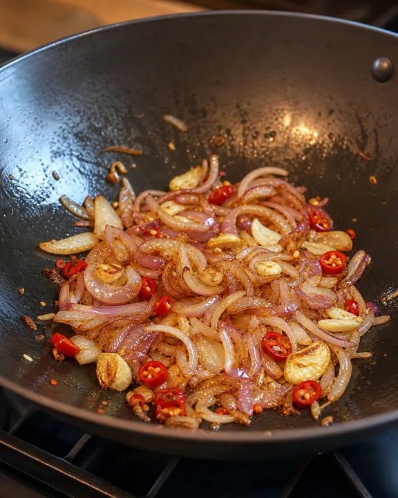Cebolla, ajo y chile salteándose