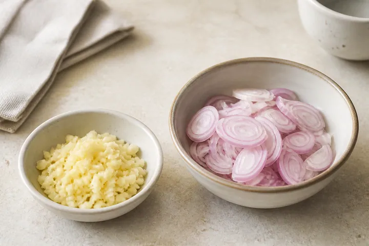 Chopped garlic and sliced shallots in prep bowls