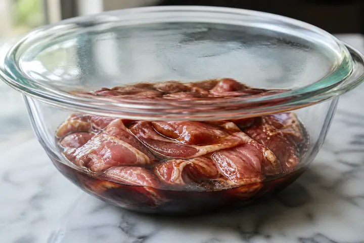 Pork slices resting in a dark marinade