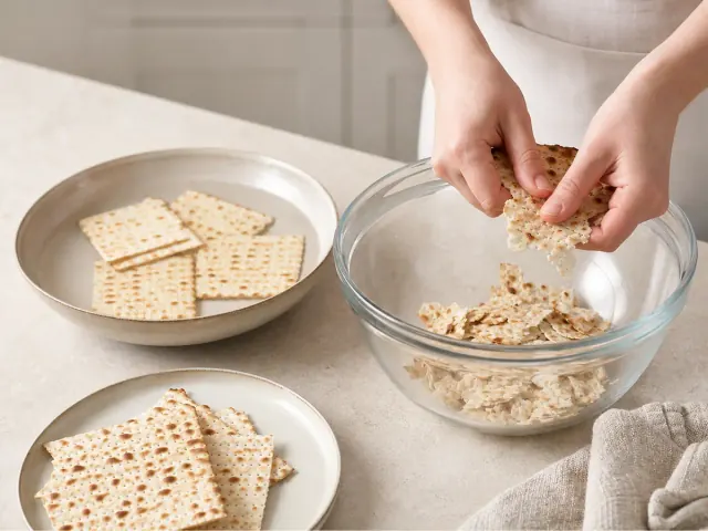 משרים את המצות במים פושרים למשך דקה, מנערים מעודפי מים ומפוררים לקערה.