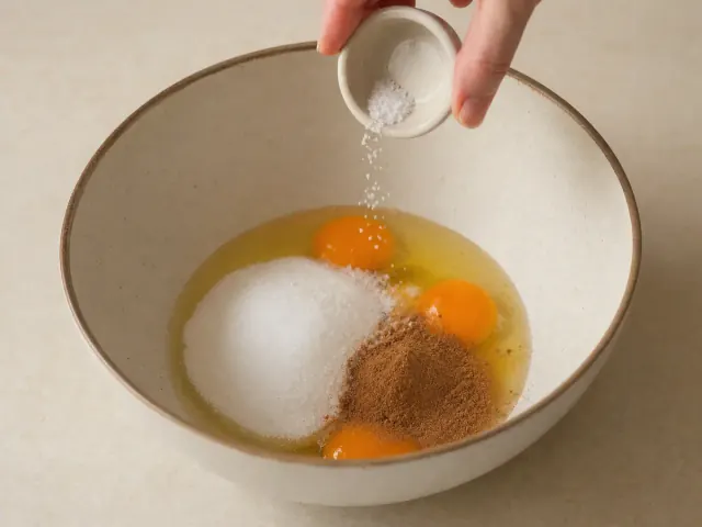 מוסיפים לקערה ביצים, סוכר, אבקת קינמון וקמצוץ מלח.