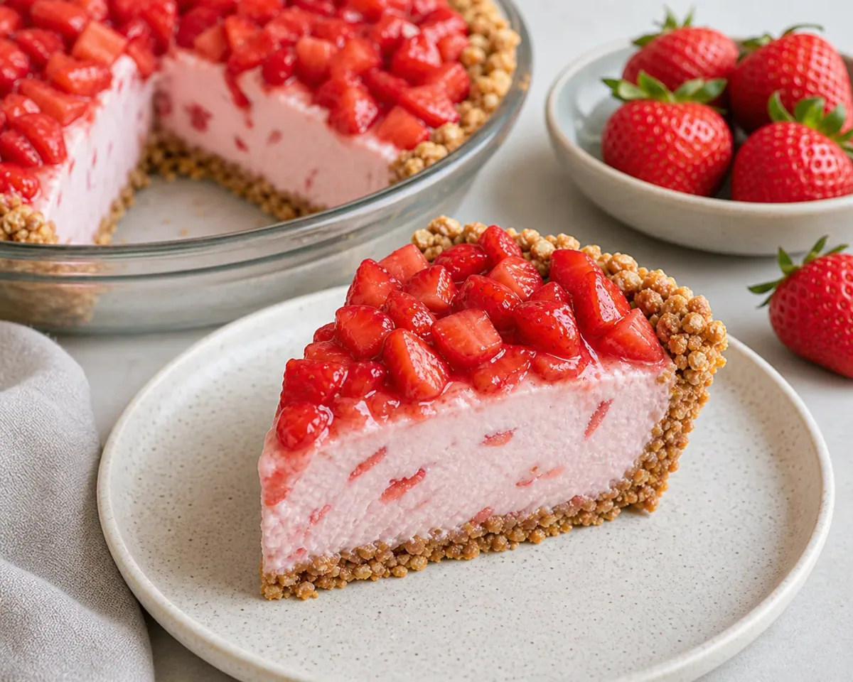 Strawberry ice cream pie served with chopped strawberries