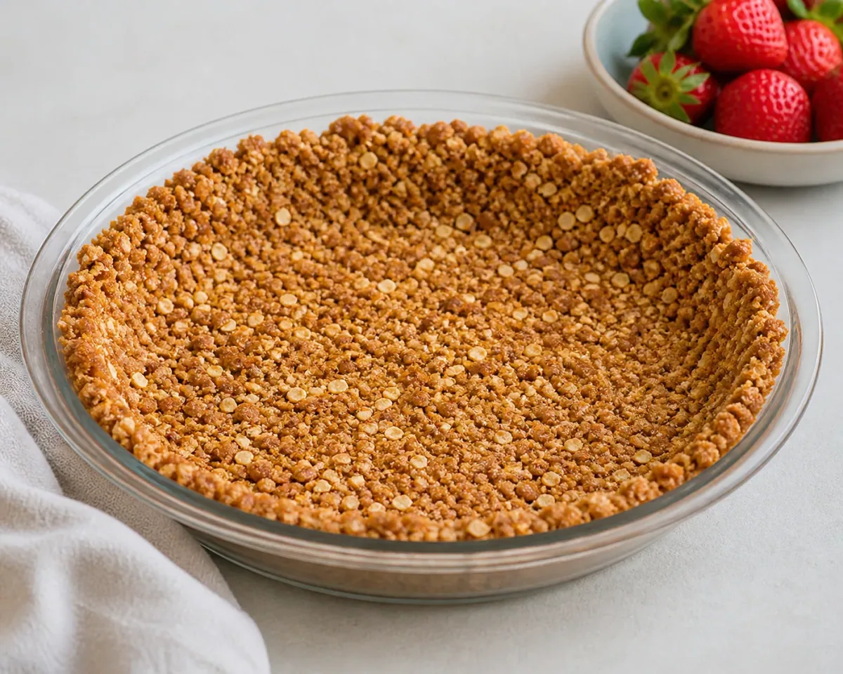Baked pretzel crust cooling in the pie pan
