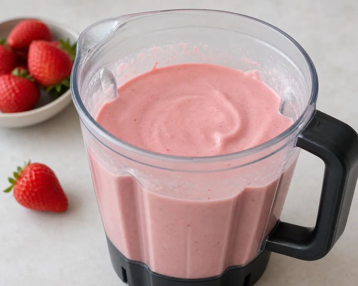 Strawberry ice cream ingredients blended until smooth