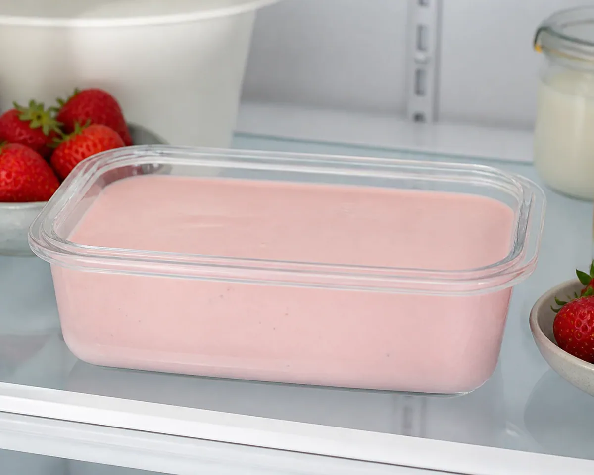 Strawberry ice cream base chilling in the refrigerator