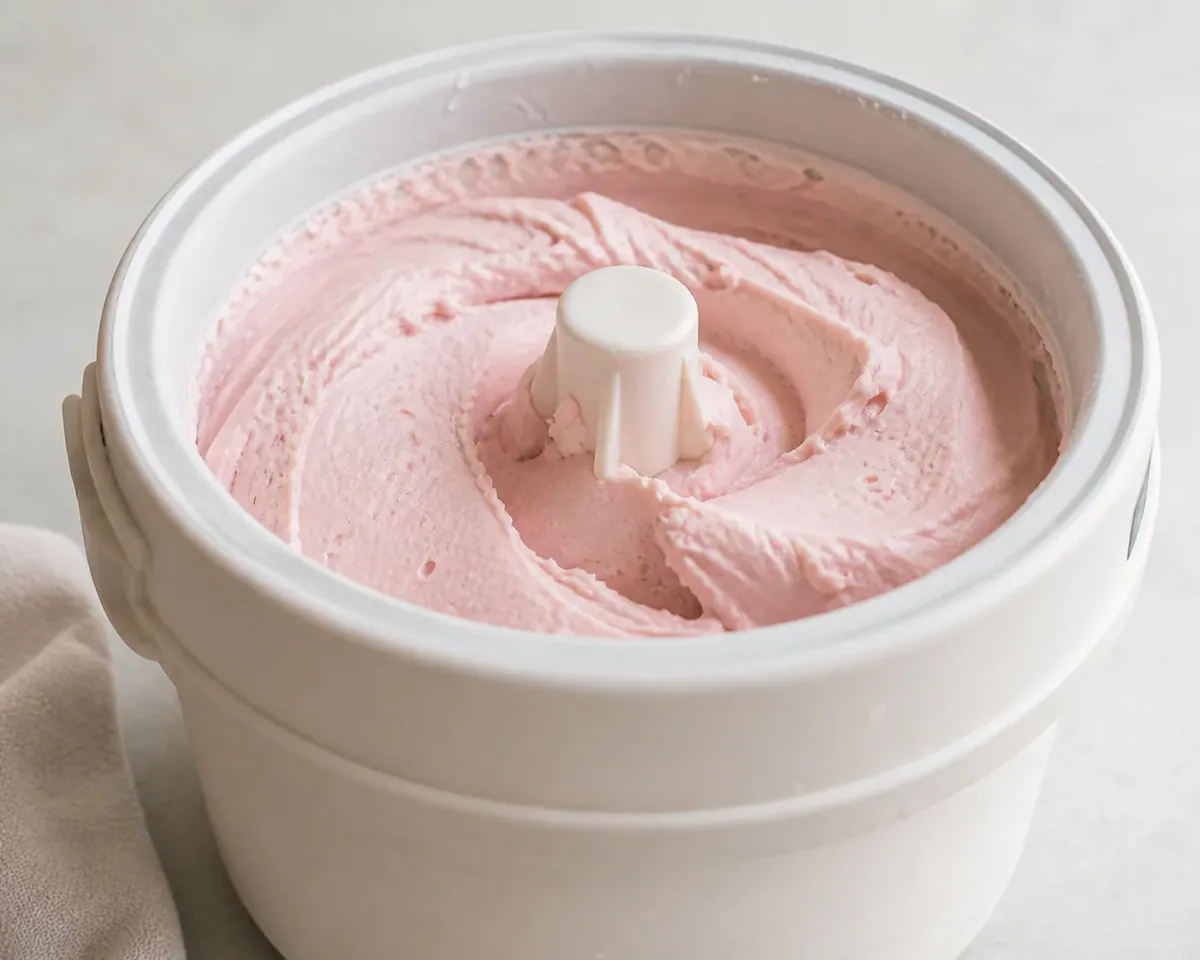 Ice cream mixture churning until creamy