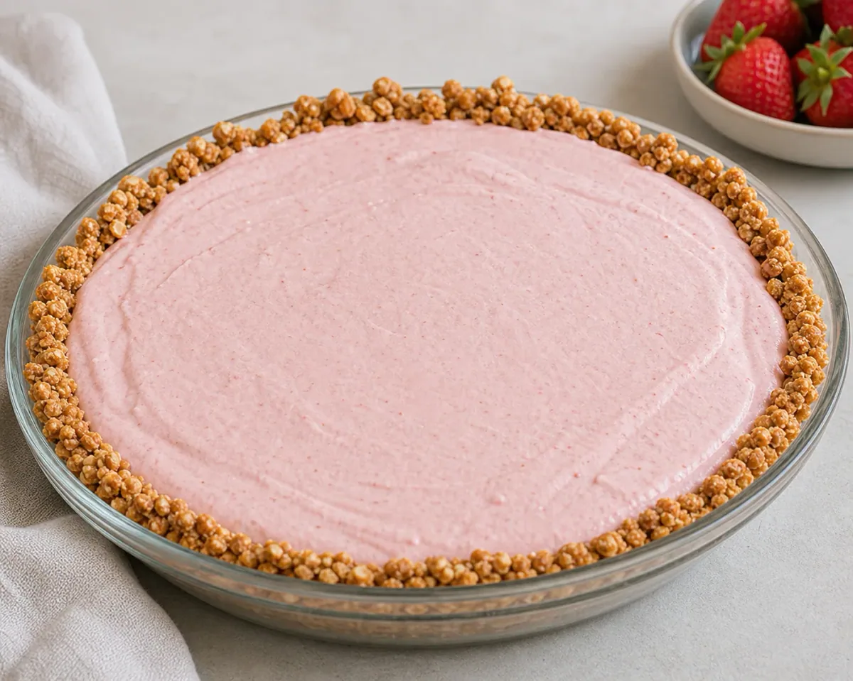 Strawberry ice cream filling the pretzel crust before freezing