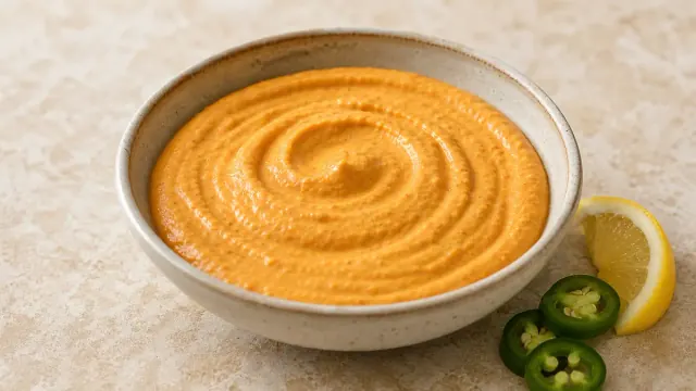 רוטב קשיו כתום וקרמי מוגש עם לימון ופרוסות ג׳לפניו