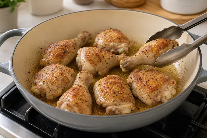 Muslos de pollo dorándose en una sartén amplia