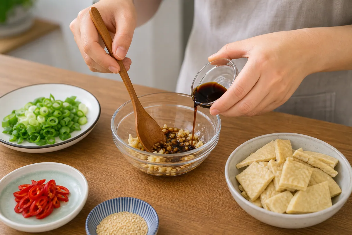 ערבבו את השום הקצוץ ותיבלו עם רוטב סויה.