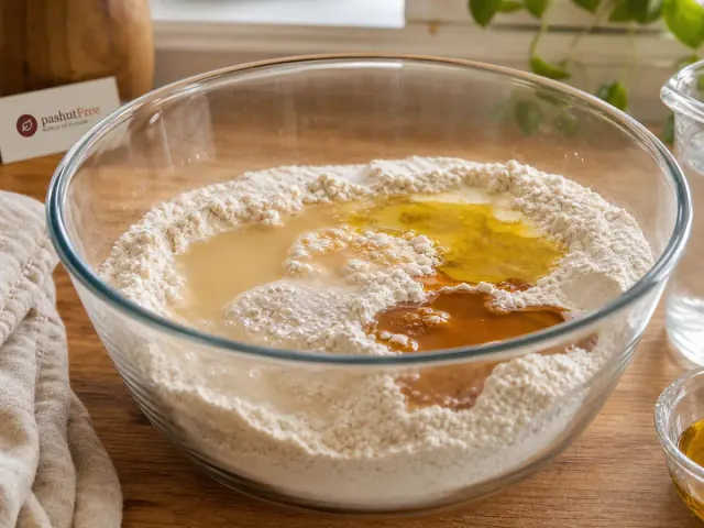נוזלים מתווספים לתערובת קמח להכנת בצק לחם