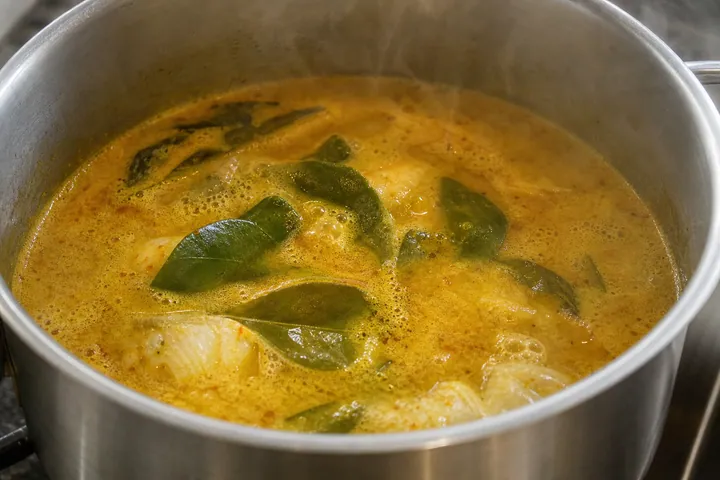Thai curry broth gently simmering with lime leaves in a pot