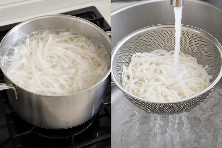 Los fideos de arroz se cuecen y luego se lavan en un colador con agua fría.