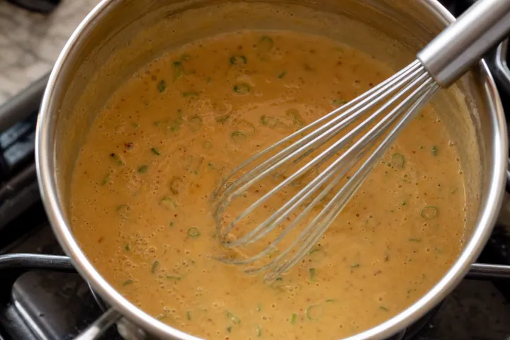 Se calientan mantequilla de maní, leche de coco, salsa picante y cebollas verdes para la salsa.
