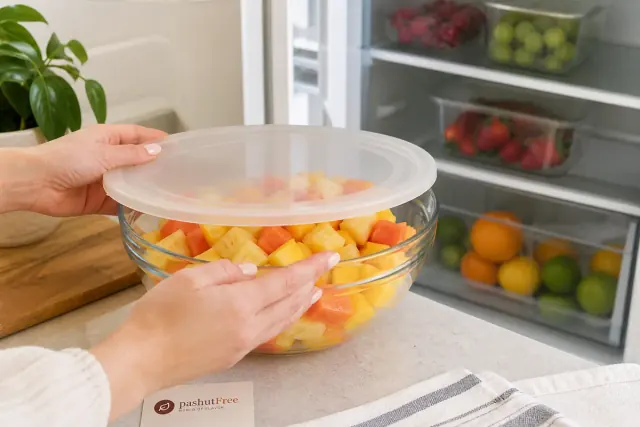 כיסוי סלט פירות טרופי לפני קירור במקרר