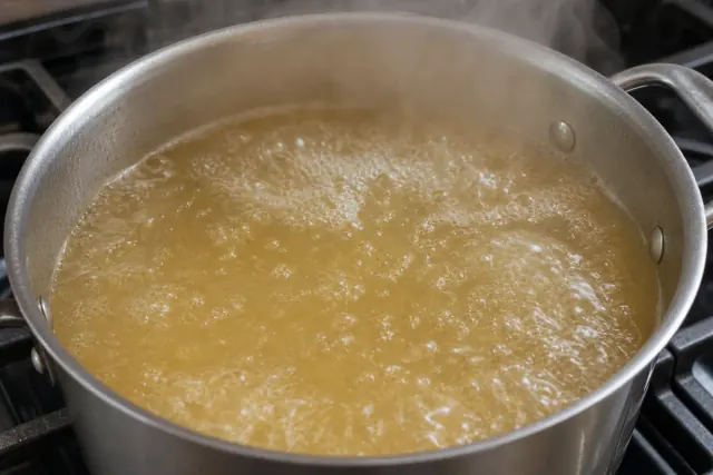Caldo de pollo hirviendo en una olla grande