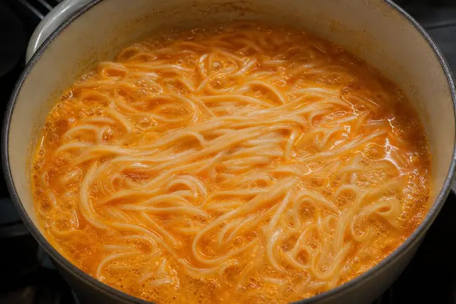 Fideos de arroz cocinándose en caldo de curry rojo