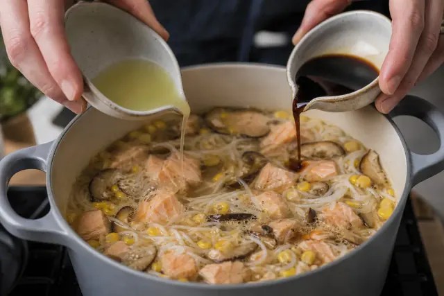 Zumo de lima y salsa de soja añadidos a la sopa de salmón