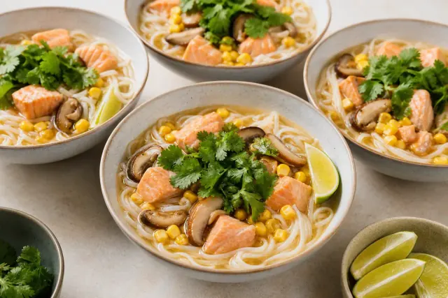 Sopa de fideos con salmón servida en cuencos con cilantro