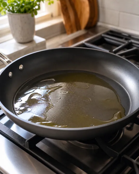 Calentamiento de aceite de oliva en una sartén para stroganoff de ternera