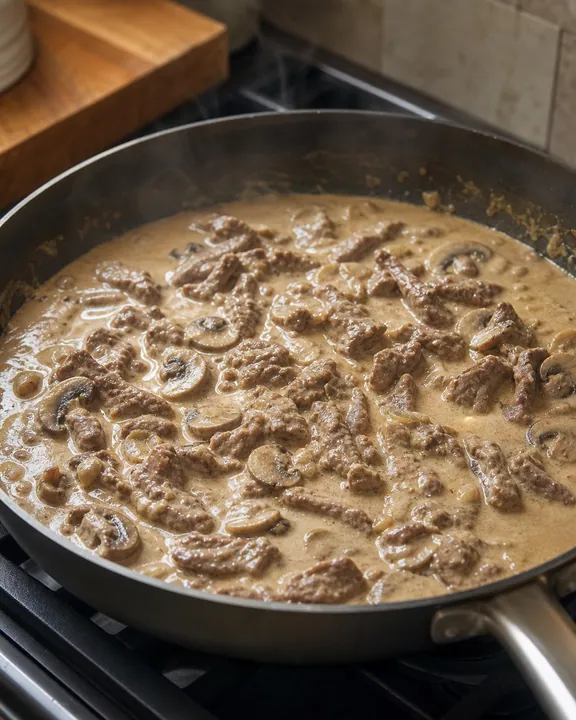 El stroganoff de ternera se cocina en una salsa cremosa con champiñones.