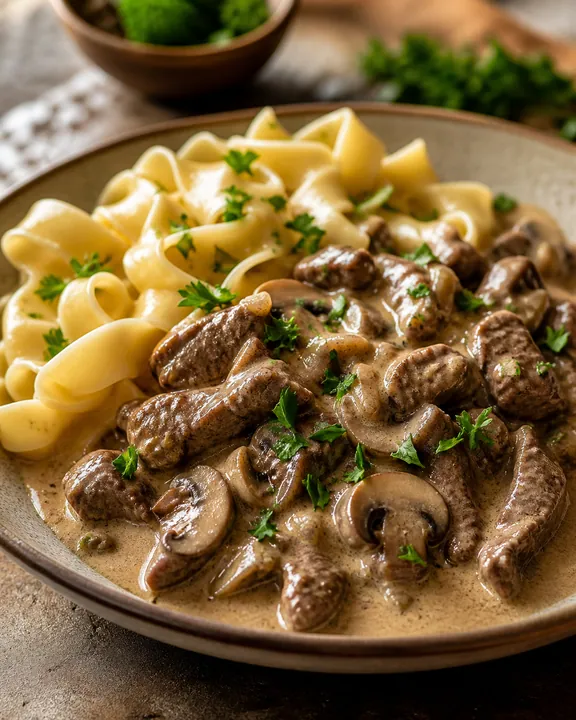 Stroganoff de ternera con perejil servido junto con pasta ancha