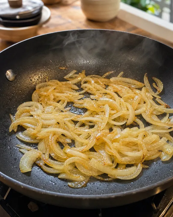 Cebollas en rodajas ablandadas en aceite de oliva para stroganoff de ternera