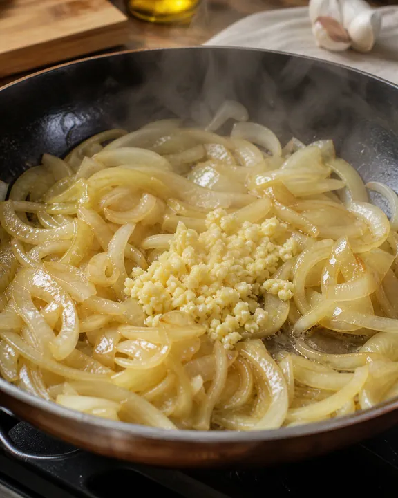 Se agrega ajo machacado a las cebollas blandas para hacer stroganoff de carne.