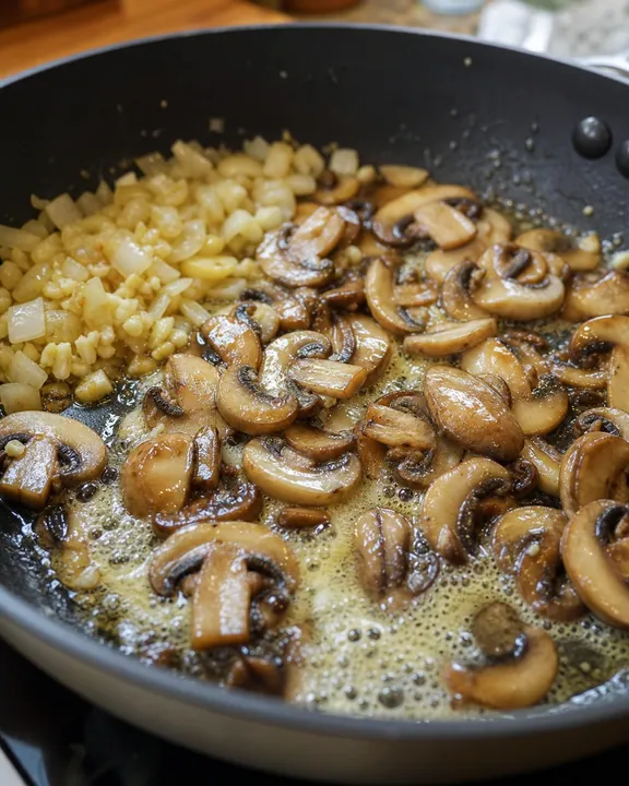 Champiñones cocidos en mantequilla con cebolla y ajo para stroganoff de ternera
