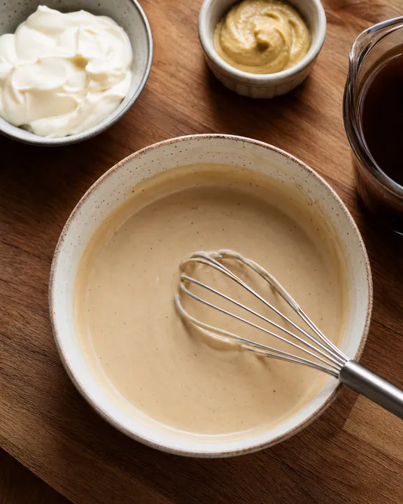 Crema fresca de mostaza y caldo de res se mezclan con salsa stroganoff