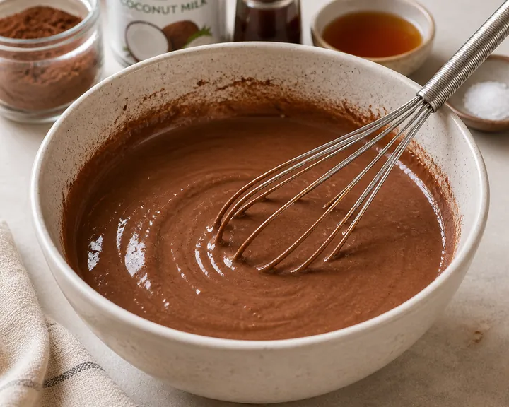 Masa de chocolate suave en un cuenco con batidor