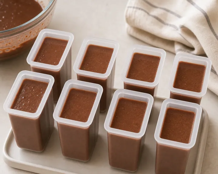 Mezcla de chocolate vertida en recipientes pequeños para congelar