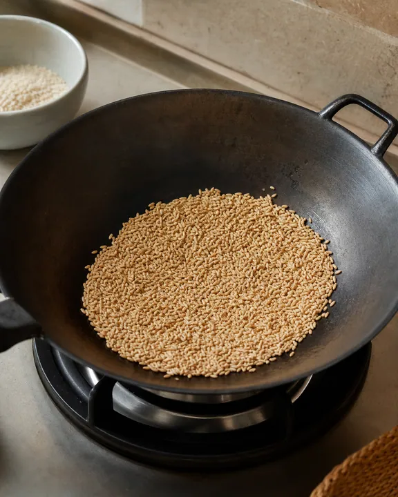 Rice toasting in a wok until golden
