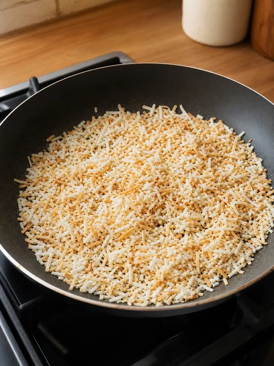 Coconut shreds toasting in a skillet