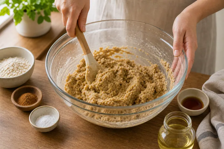 בקערה, ערבבו את קמח שיבולת השועל, קמח השקדים, קינמון, אבקת סודה לשתייה, סירופ מייפל ושמן.