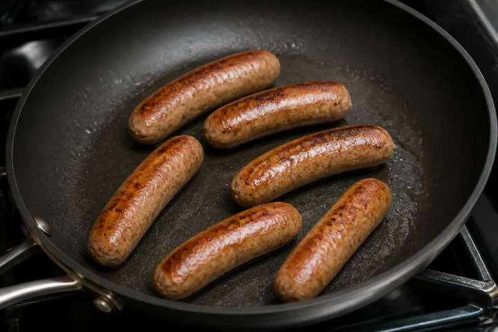 Salchichas dorándose en una sartén antiadherente